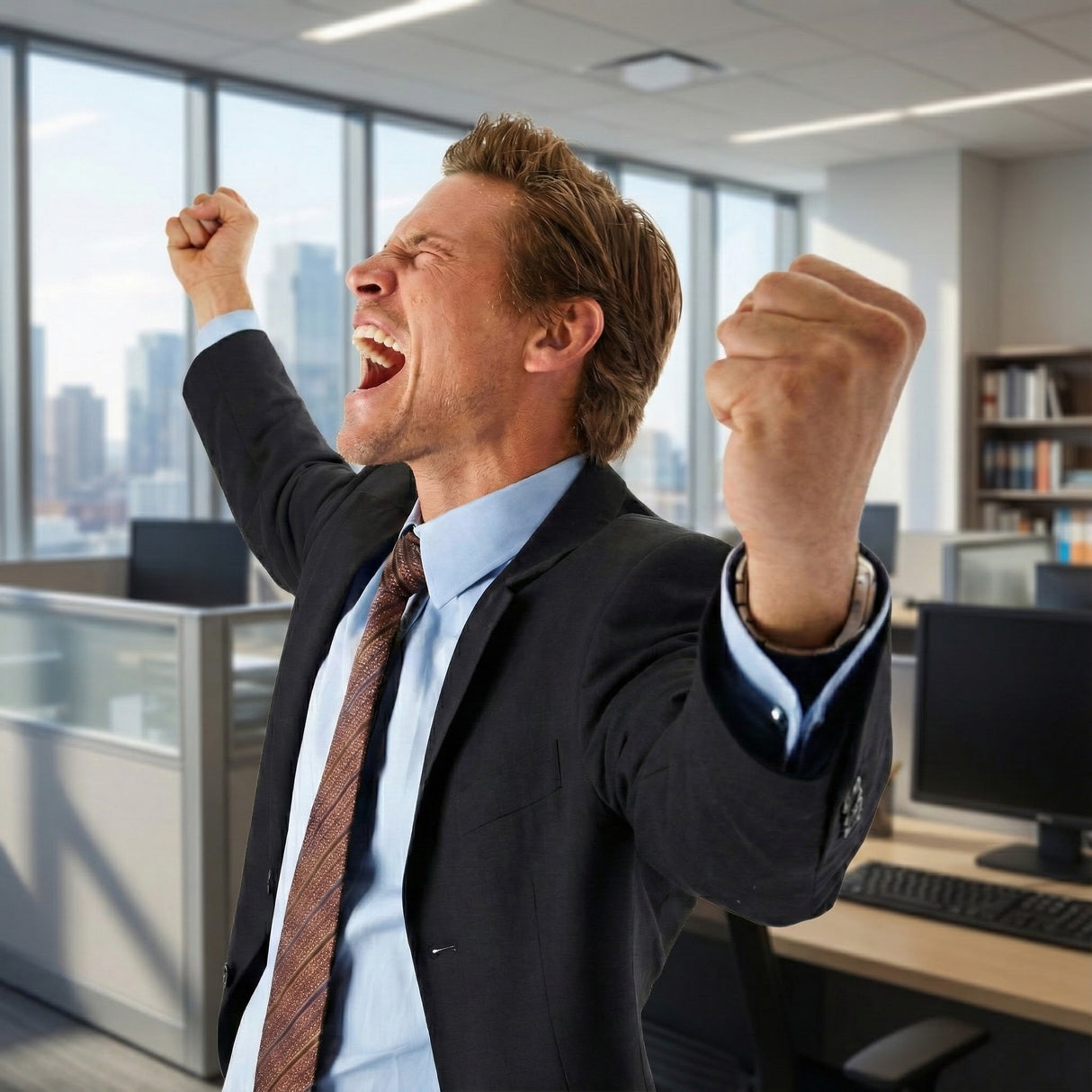 A man in a suit celebrates confidently in a modern office, embodying energy and excitement—just like the boost from the Pick-me-up Combination for Men.
