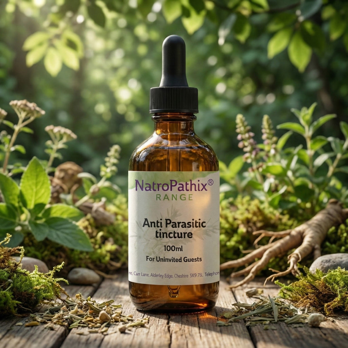 A 100ml bottle of Anti-Parasitic Tincture is placed outdoors among green plants and roots, emphasizing its parasite-support properties for addressing worm infections.