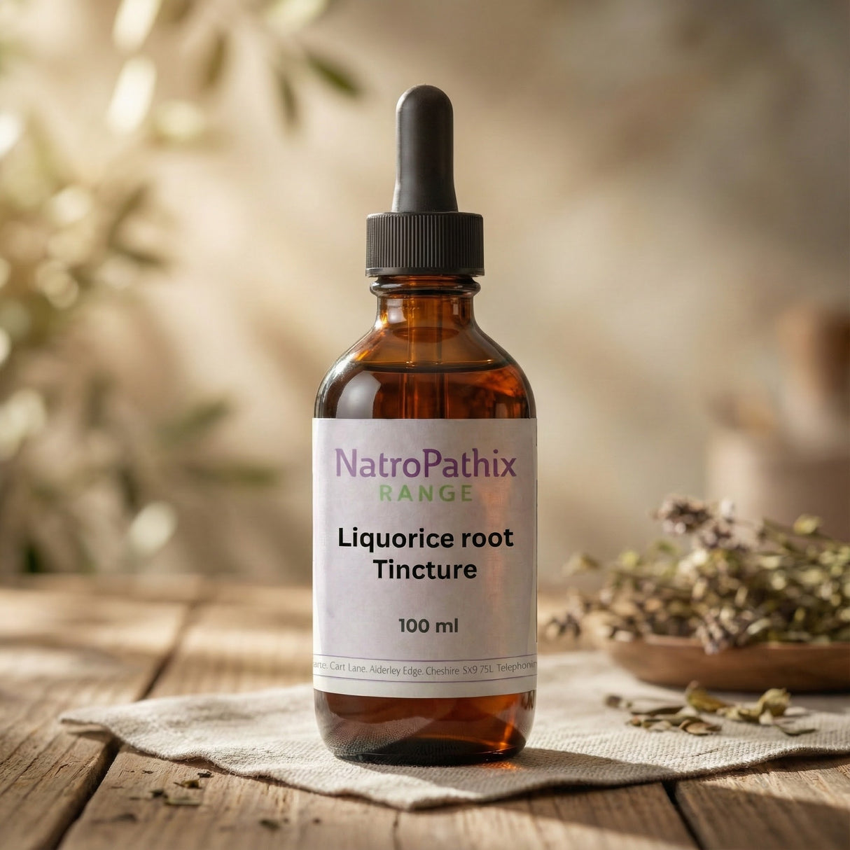 Amber dropper bottle labeled "Liquorice Root - Tincture, Herbal Tea or Powder" on a rustic table with herbs in the background—traditionally used to help soothe heartburn and acid reflux.