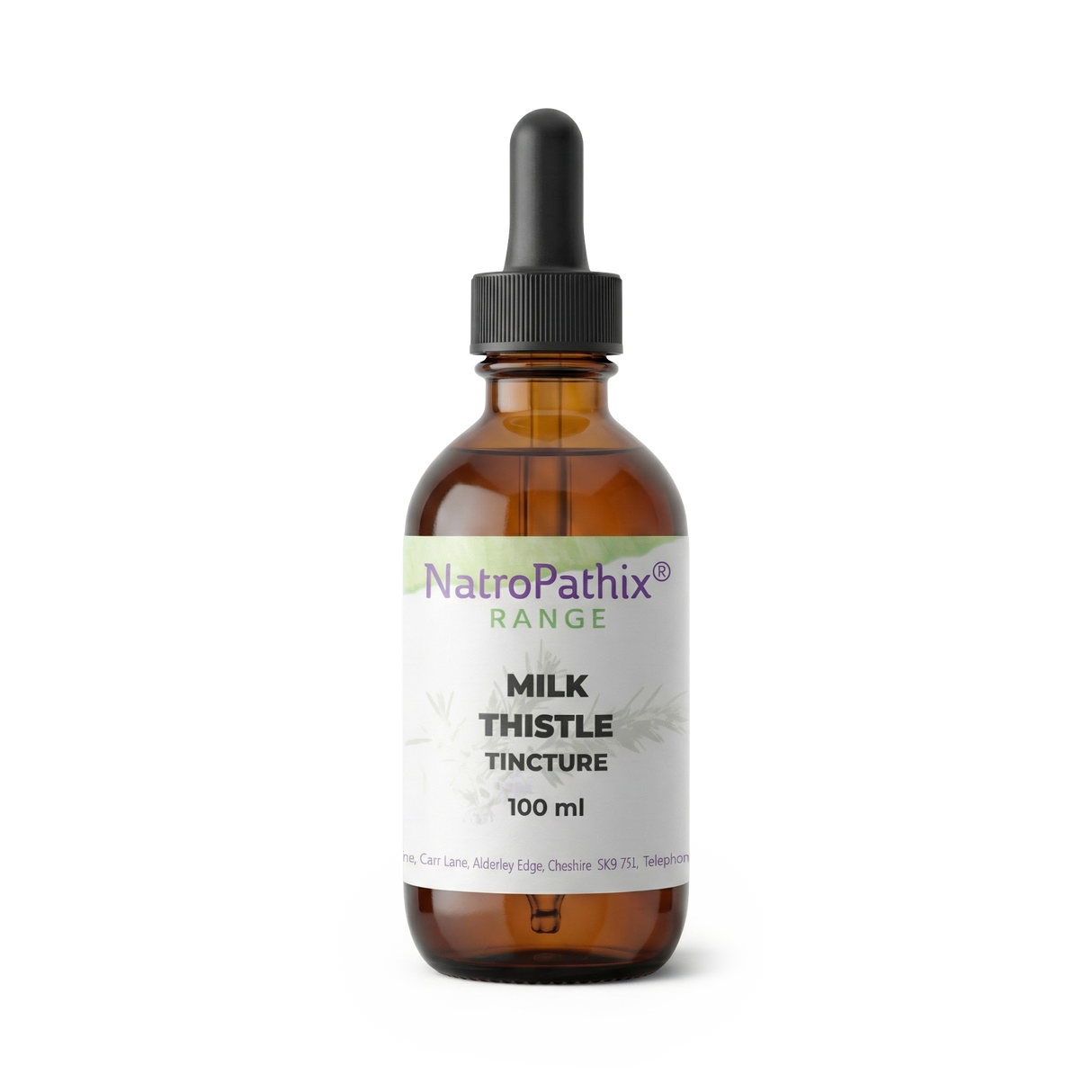 A brown dropper bottle labeled "Milk Thistle Tincture" with a liver detox formula is shown on a white background.