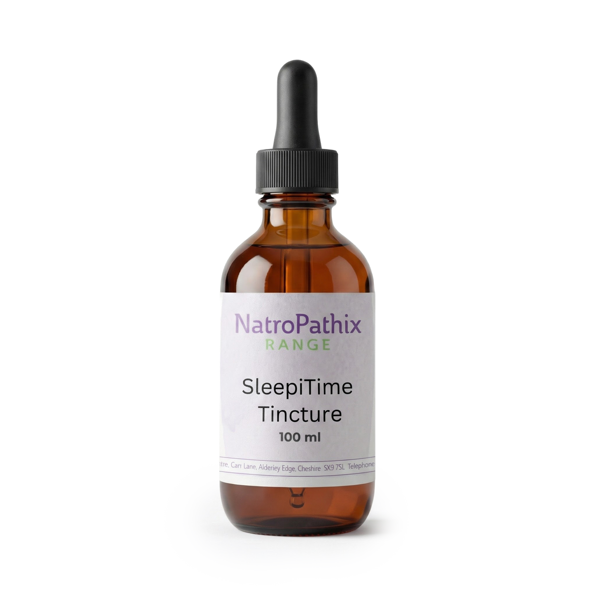 A brown glass dropper bottle labeled "SleepiTime Tincture" sits on a white background; this herbal formula is a natural sleep aid designed to support restful nights.