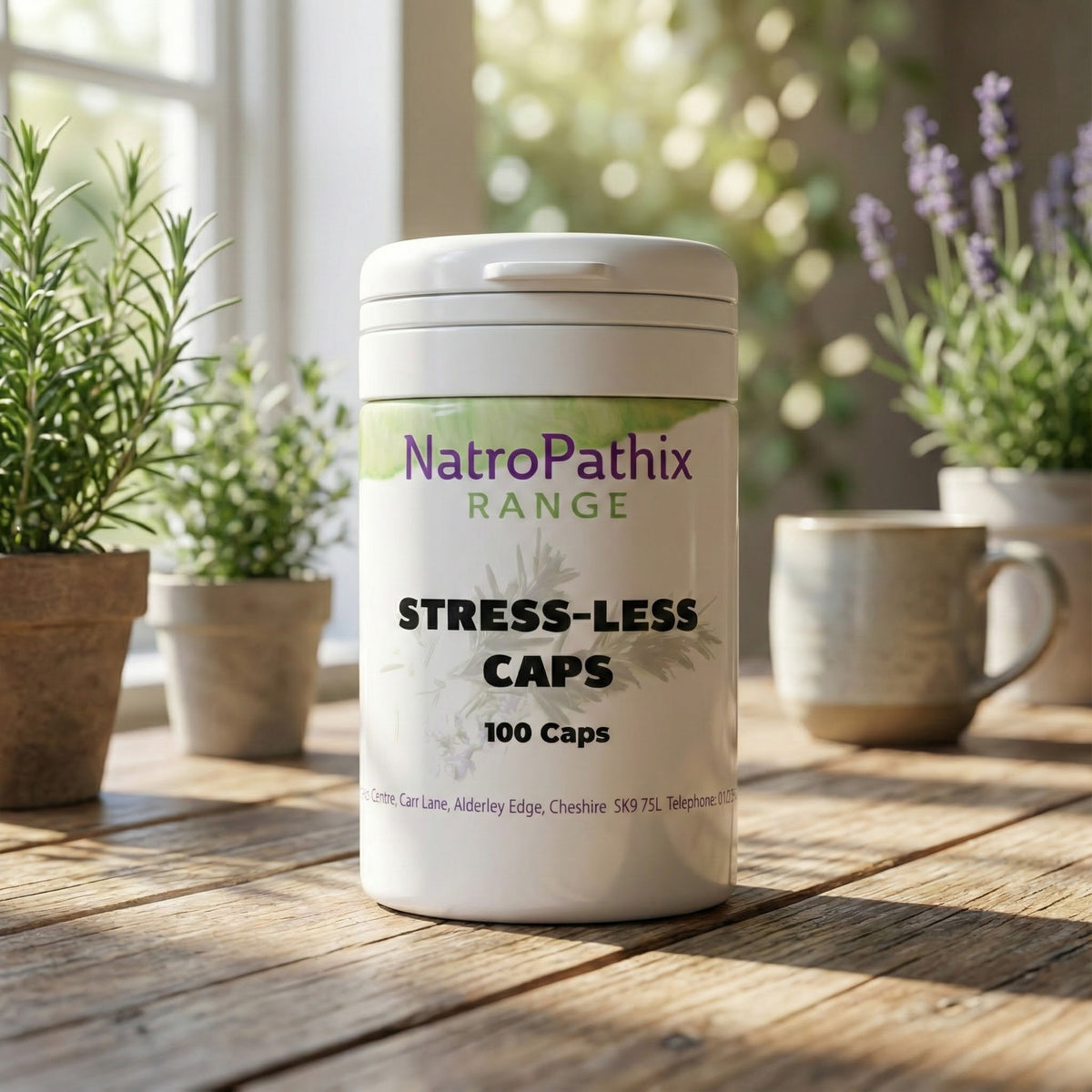 A bottle of Stress-Less 100 capsules sits on a sunlit wooden table with plants and mugs nearby, emphasizing its rejuvenating formula designed to support a healthy nervous system.