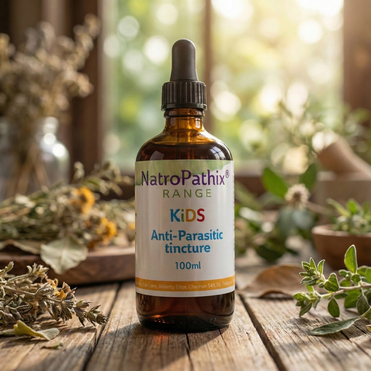 A bottle of Anti-Parasitic Tincture For Kids, a natural remedy for parasites, sits on a wooden table surrounded by dried herbs.