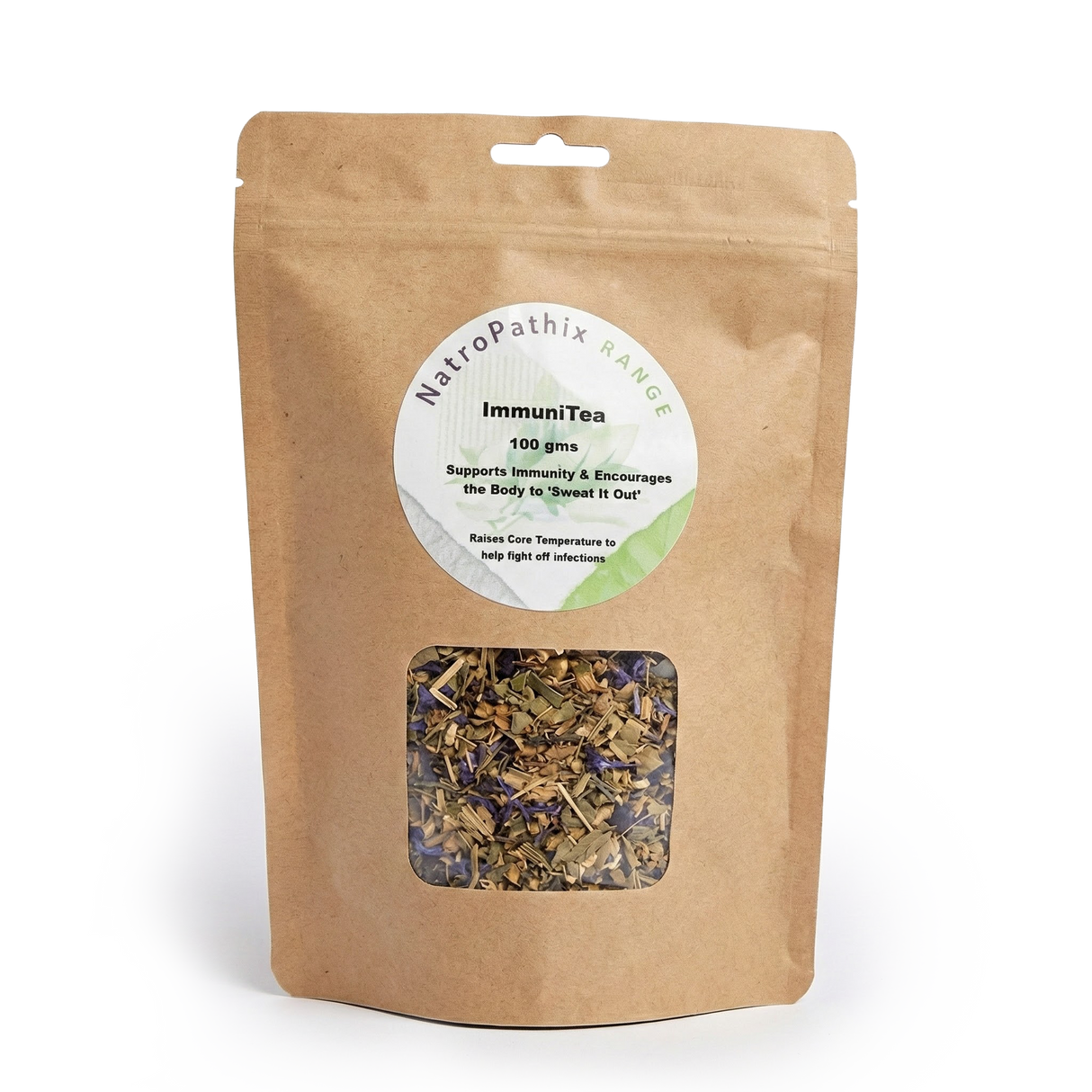 ImmuniTea - 100gms comes in a brown resealable pouch and contains a blend of dried herbal tea leaves designed to support the immune system.