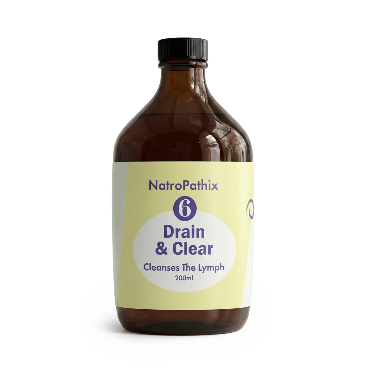 Brown bottle labeled "Drain & Clear Formula - 200ml" on white background, providing herbal detox support for the lymphatic system and relief from swollen lymph nodes.