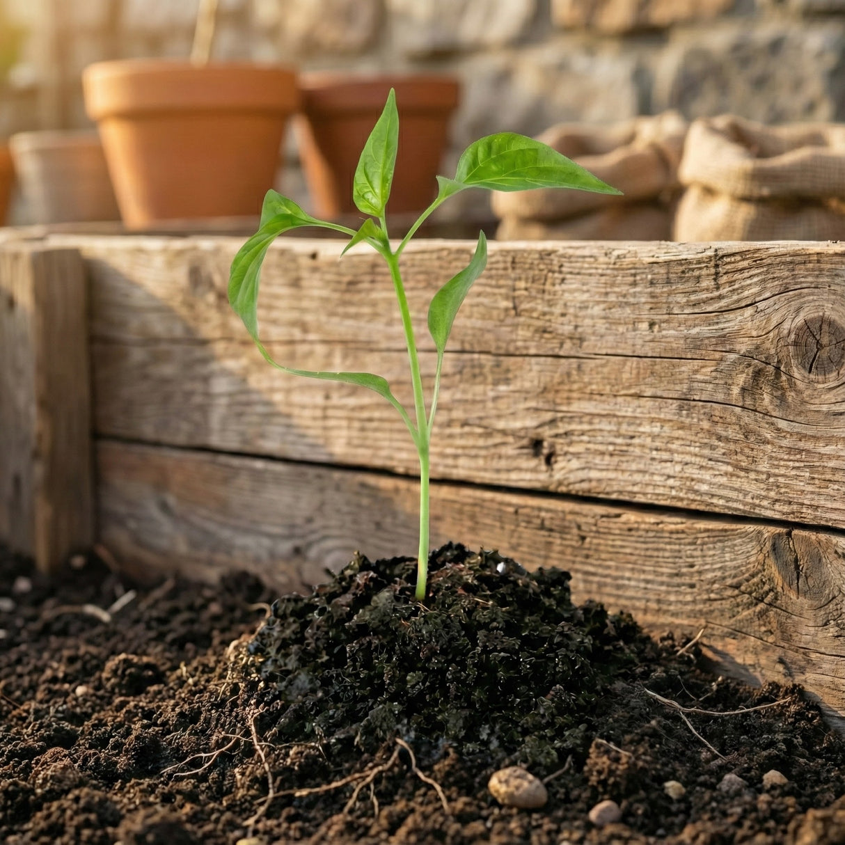 A young green plant sprouting in soil, symbolizing the natural fertility boost of Female Conception Support, with pots and wooden planks visible in the garden background.