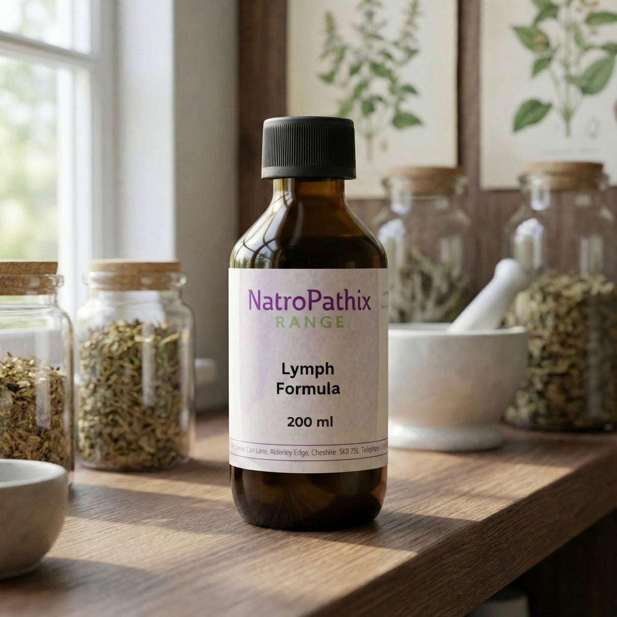 A bottle labeled "Lymph Formula - 200/300ml" rests on a wooden counter with herbs and a mortar, perfect support for lymphatic system detox or soothing swollen lymph nodes.