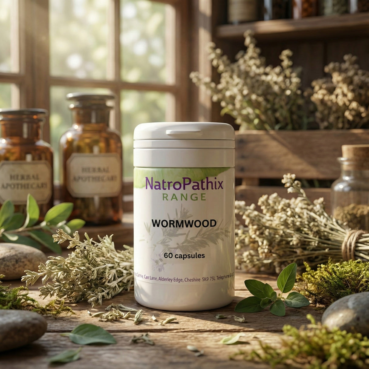 A bottle of Wormwood - 60 Capsules rests on a wooden table with dried herbs and apothecary jars nearby, supporting digestive wellness and ideal for a gentle parasite cleanse.