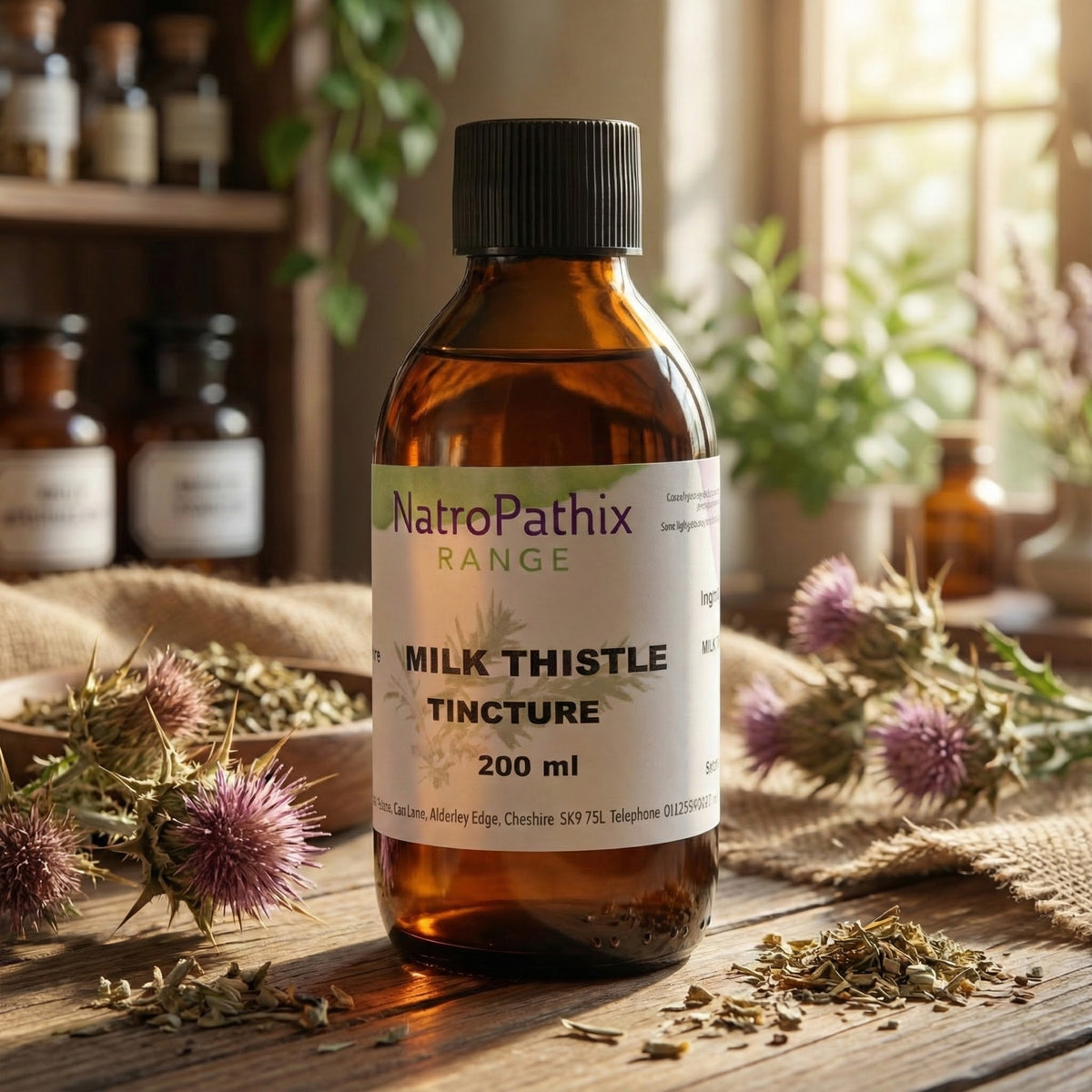 Milk Thistle Tincture on a wooden table with dried herbs and thistle flowers—ideal for natural liver detox and gentle hangover relief.