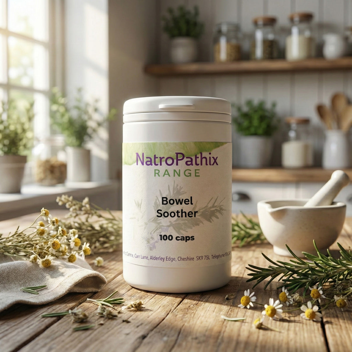 A bottle of Bowel Soother - 100 Caps sits on a rustic kitchen counter with herbs and flowers, providing gentle IBS support and relief from abdominal cramps.