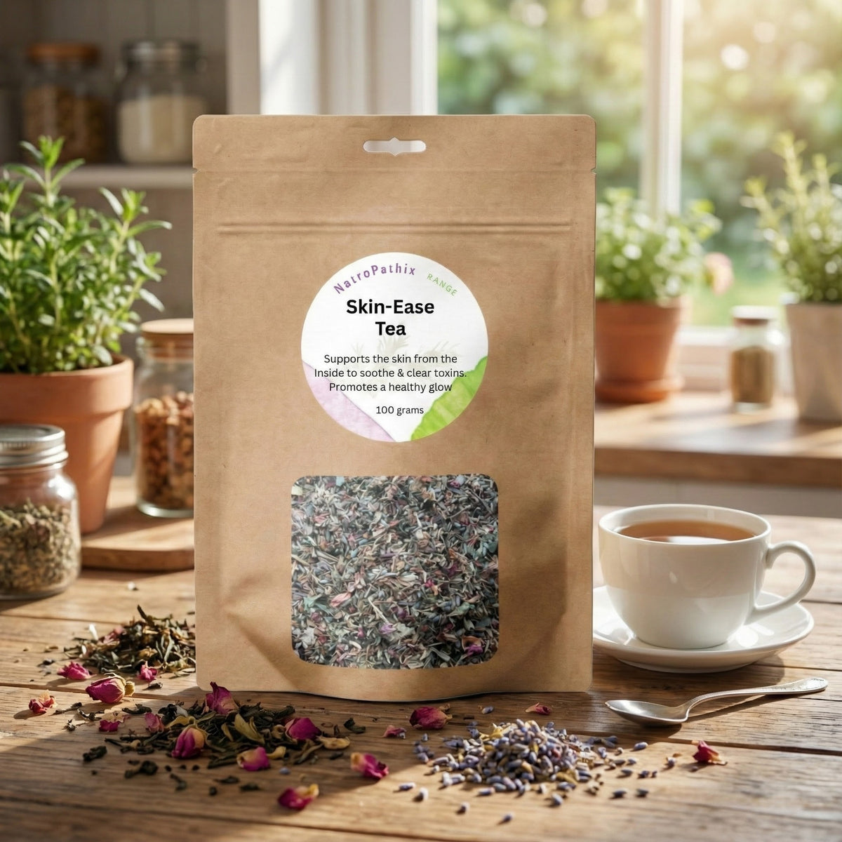 A brown pouch of Skin-Ease Tea - 100gms rests on a wooden table with loose tea and a cup in a sunlit kitchen, offering comfort for dry, itchy skin.