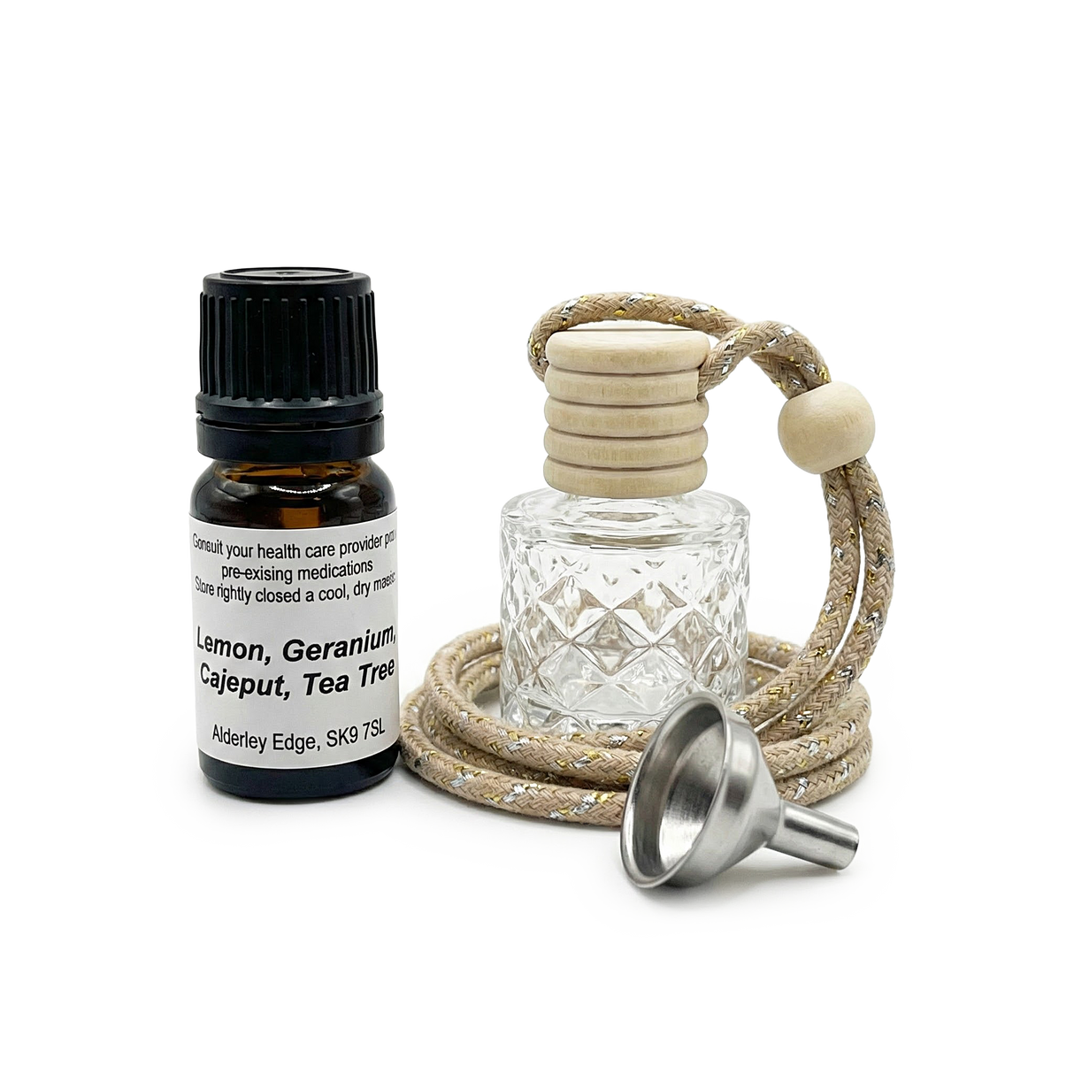 The Bounce Back Kit - Get Well Faster! includes a small essential oil bottle, decorative glass vial with rope, and tiny metal funnel—ideal for crafting your own immune-boosting or antiviral blends—shown on a white background.