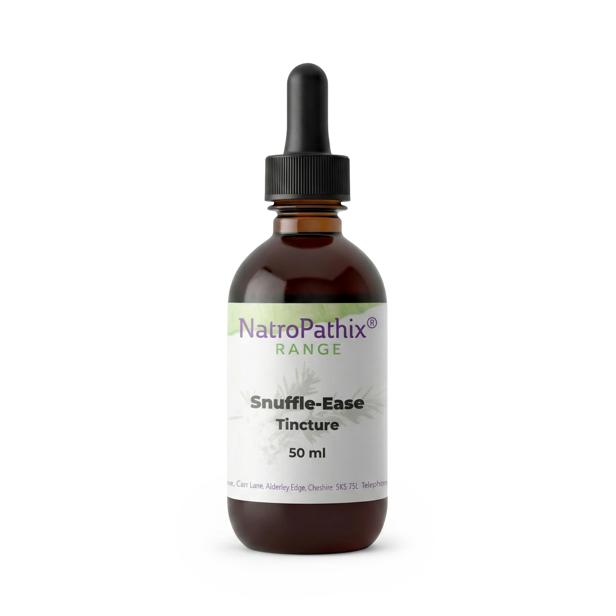 A brown glass dropper bottle labeled "Snuffle-Ease Tincture - 50ml" on a white background, formulated with natural, anti-viral ingredients to help support immune health.
