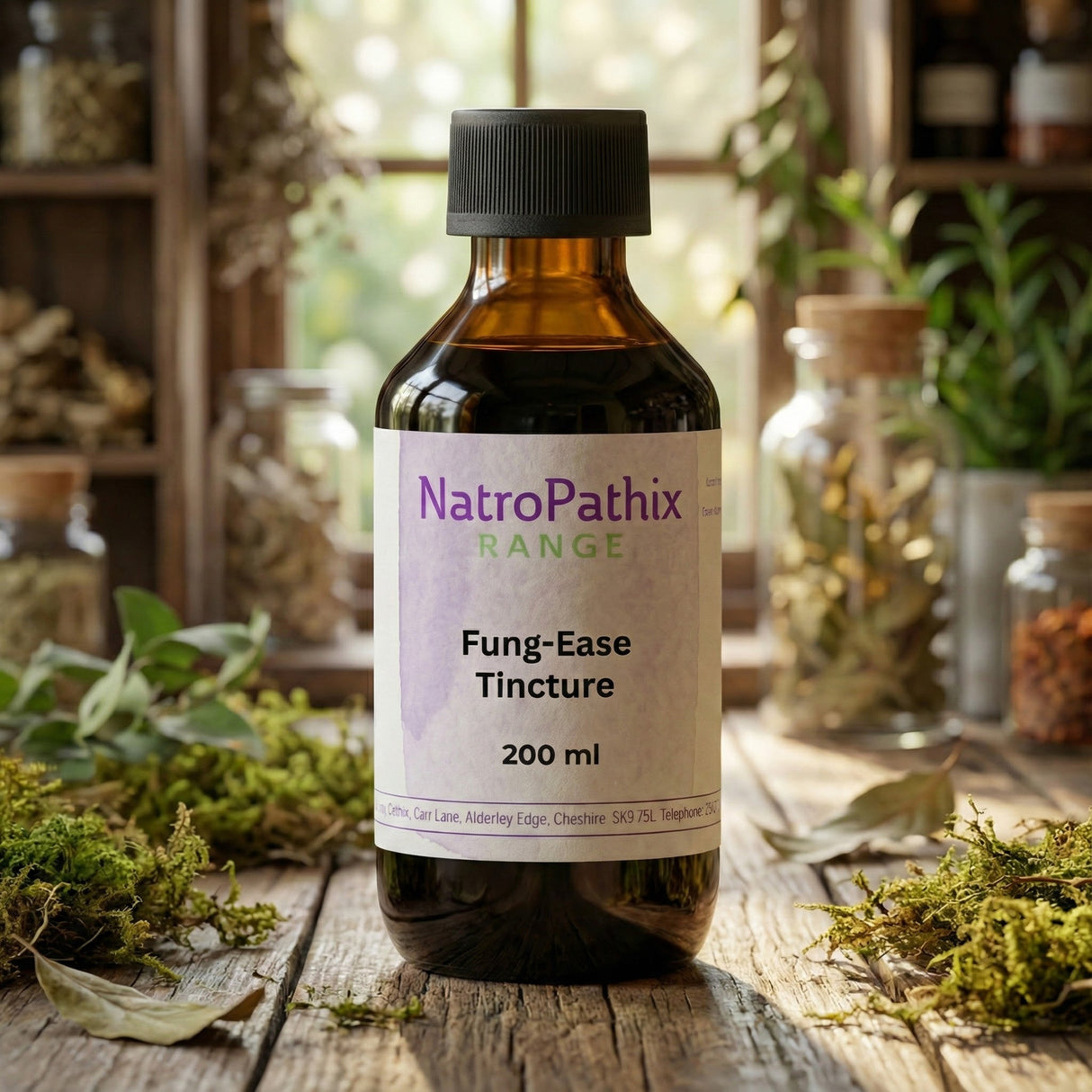 A bottle of Fung-Ease tincture - 200/300ml rests on a wooden table amid herbs and jars, emphasizing its use as an herbal antifungal remedy for Candida and fungal nail concerns.