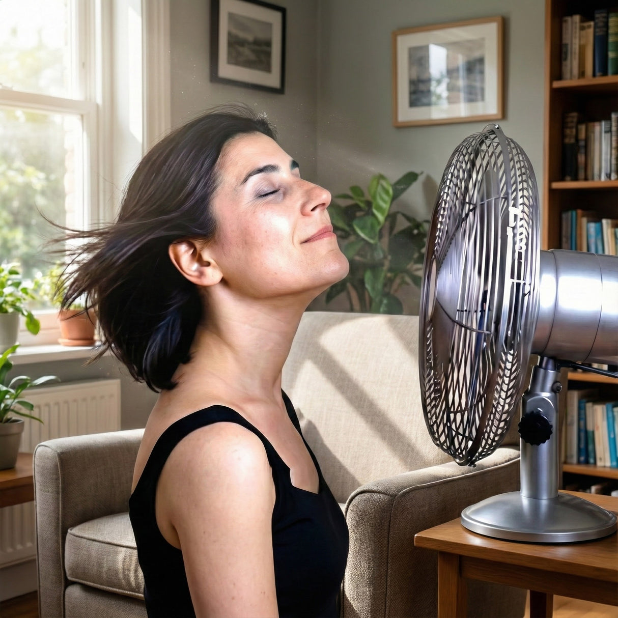 A woman relaxes in a cozy living room, enjoying cool air as sunlight streams in, supported by the Hot Flushes and Anxiety Combination for balanced hormones.