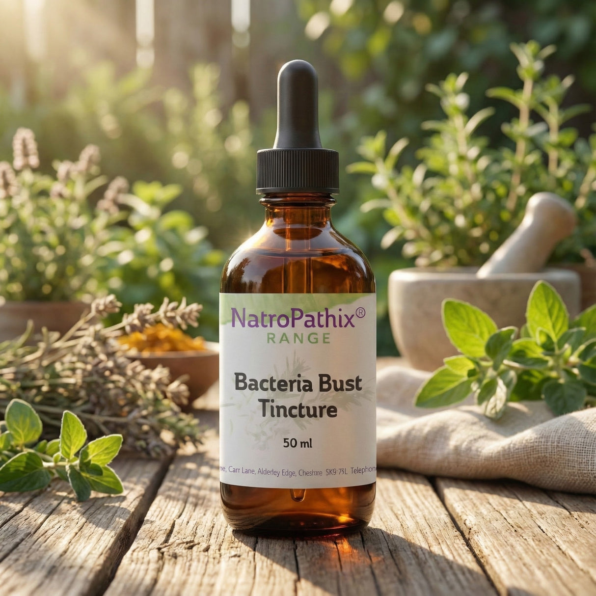 A bottle of Bacteria Bust - 50ml Tincture sits on a table with fresh herbs and a mortar and pestle, showcasing this natural remedy traditionally used to help fight infections.