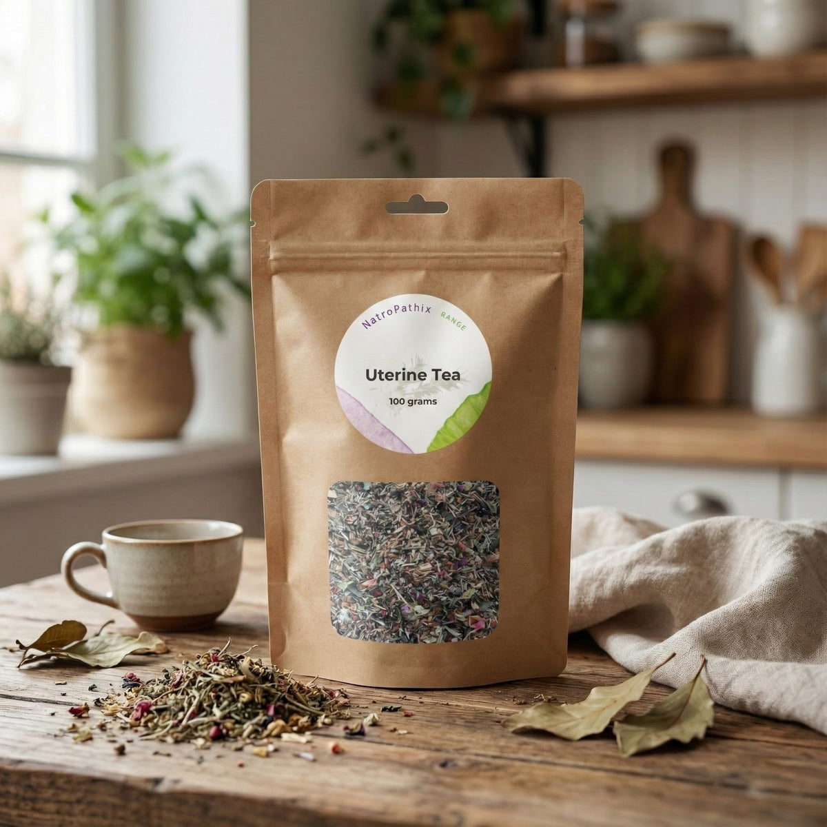 A pouch of Uterine Tea - 100gms rests on a wooden table alongside a cup, herbs, and kitchenware, emphasizing its support for women's wellness through soothing herbal ingredients.
