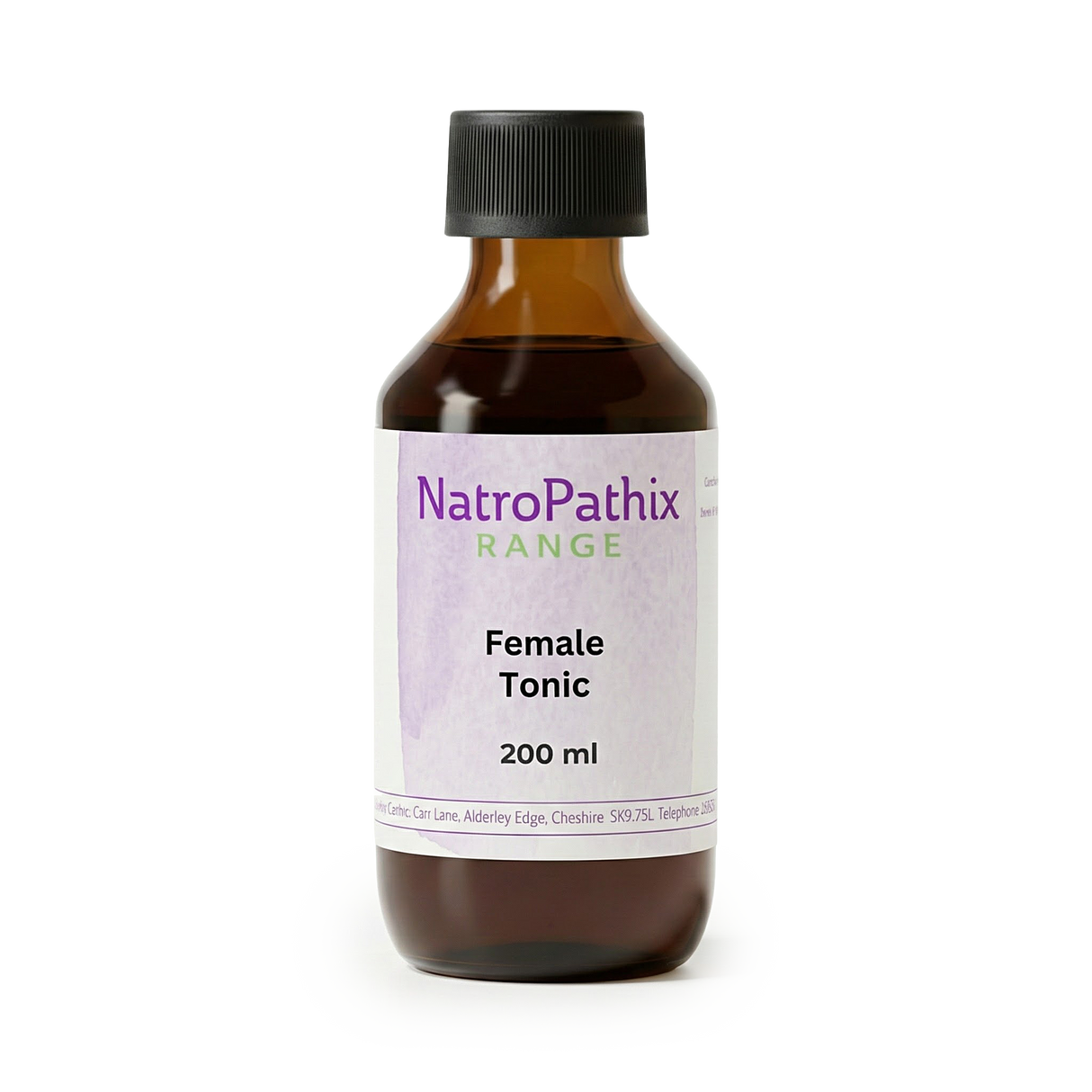 Brown bottle labeled "Female Tonic - 200ml" with a black cap on a white background, formulated to support hormones and regulate periods.