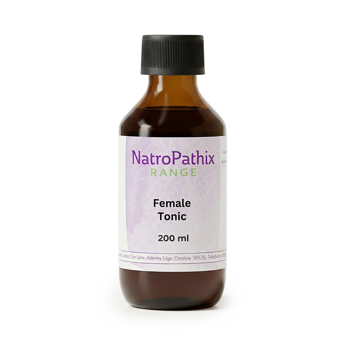 Brown bottle labeled "Female Tonic - 200ml" with a black cap on a white background, formulated to support hormones and regulate periods.