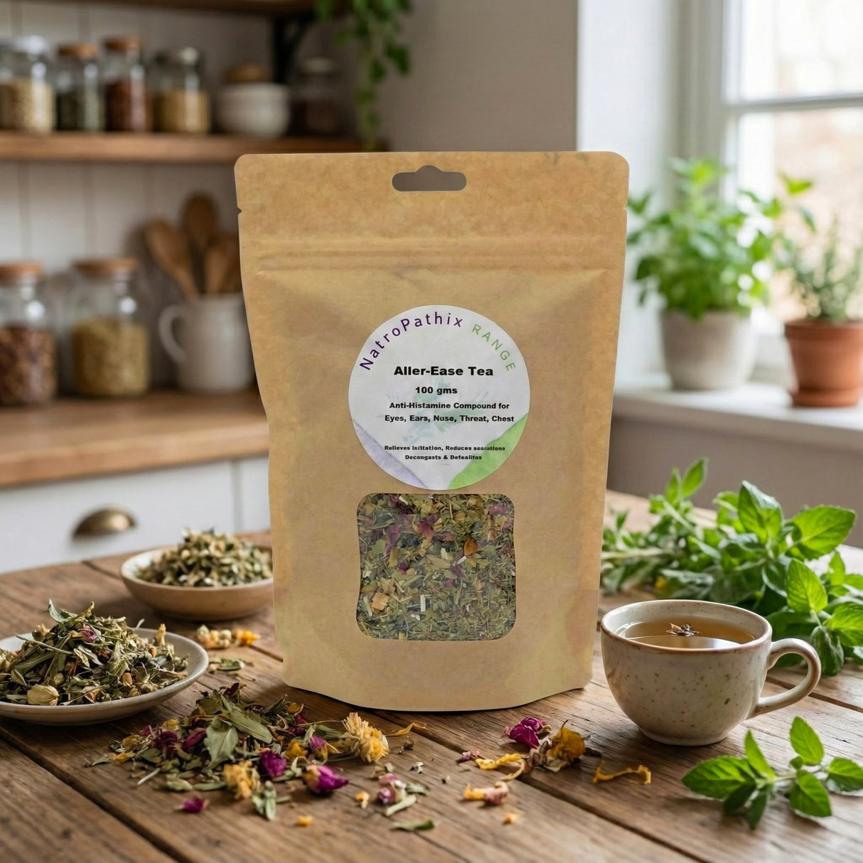 A bag of Allergi-Ease Tea - 100gms rests on the kitchen counter, surrounded by loose anti-histamine herbs and a steaming cup, ready to provide soothing hayfever relief.