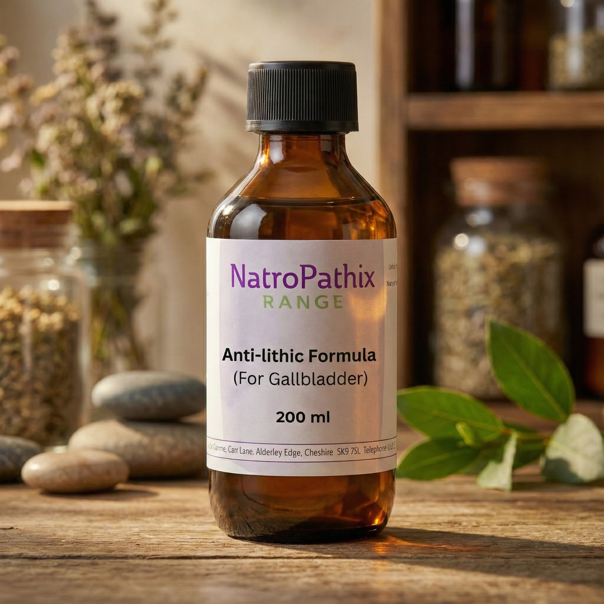 A bottle of "Gallbladder Antilithic Tincture - 200 ml" rests on a rustic table, formulated to support gallbladder health and promote healthy bile flow.