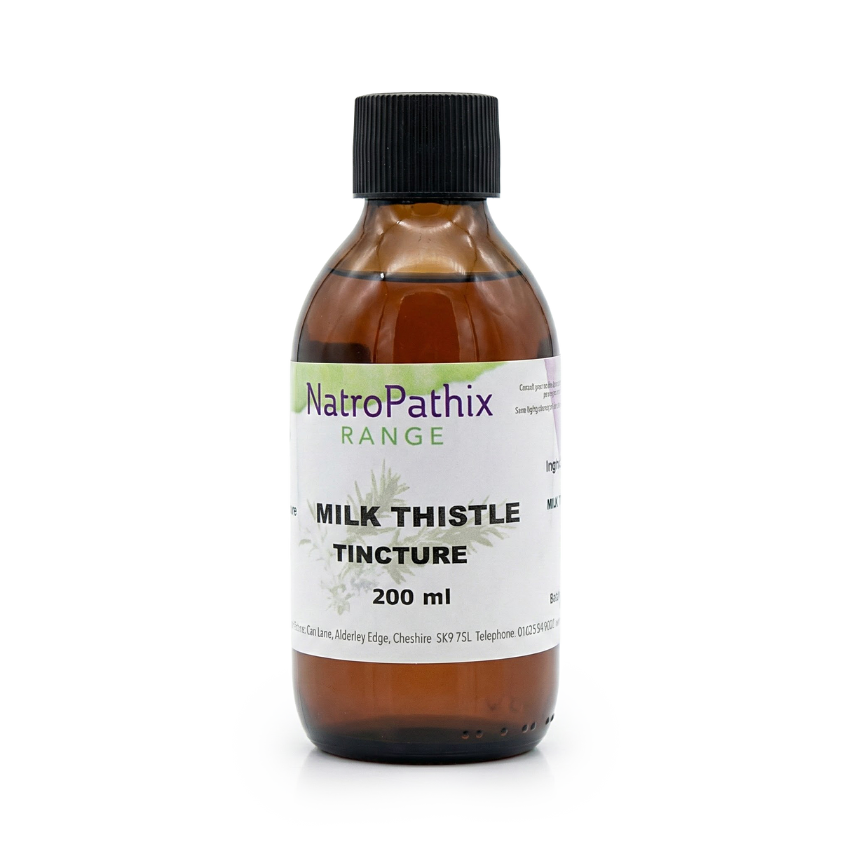 Milk Thistle Tincture in a brown 200 ml bottle from the NatroPathix Range, featuring a black cap—ideal for natural liver detox support.