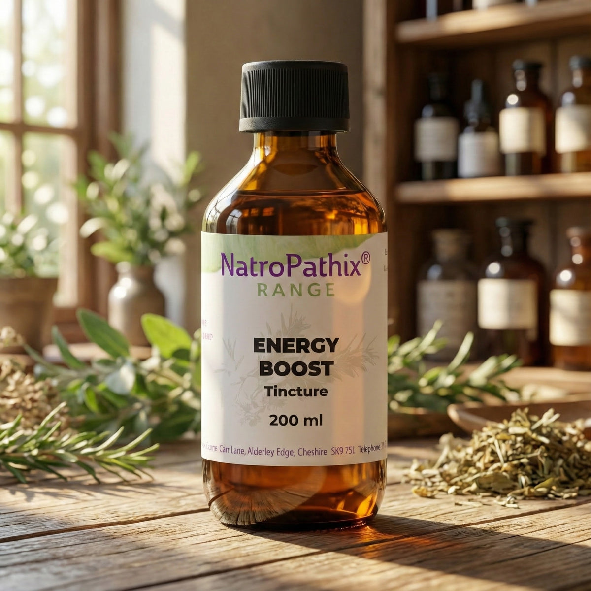 An amber bottle labeled "Energy Boost Tincture - 100/200/300ml" sits on a wooden table, providing liver support, with herbs and glass jars in the background.