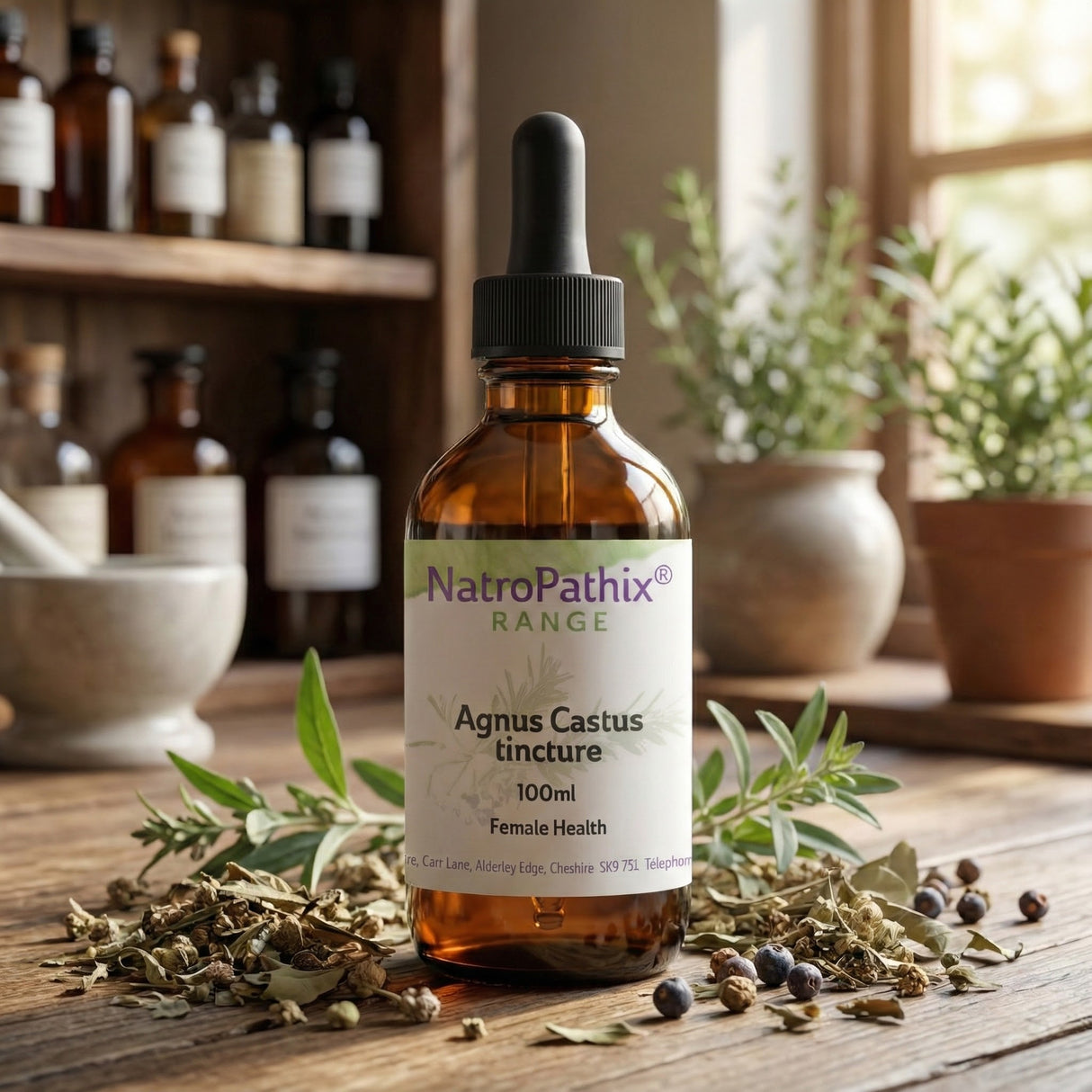 A 100ml brown glass bottle of Agnus Castus tincture, used to support female hormone balance and ease PMS symptoms, rests among herbs and leaves on a wooden table in a rustic kitchen.