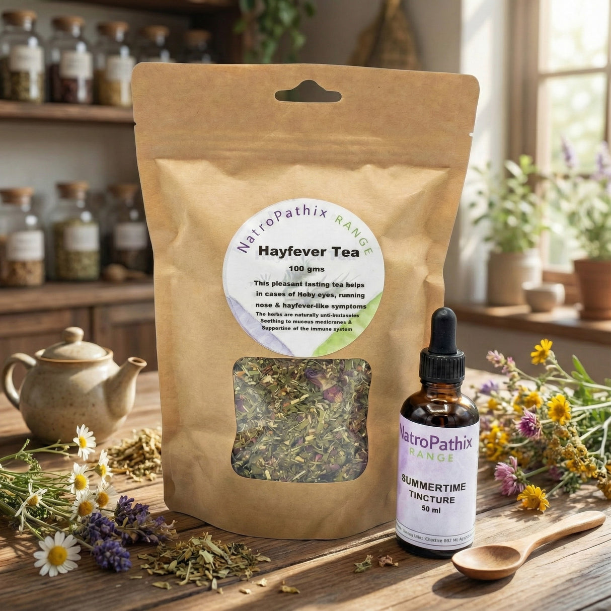 Hayfever Combination on a rustic table with herbs and flowers, offering natural hayfever relief and immune support.