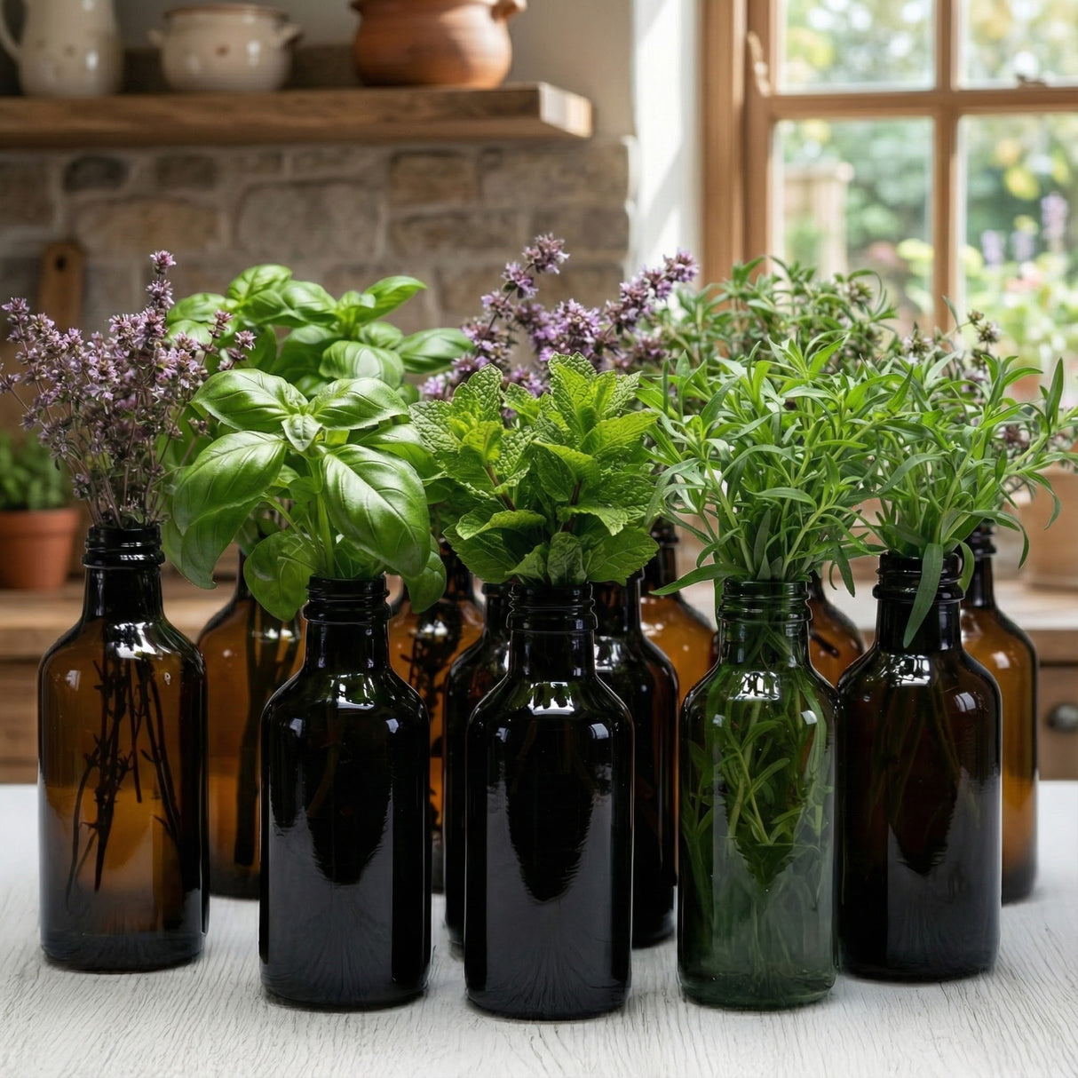 Just for You - Personalised Herbal Product: brown glass bottles filled with fresh herbs, ideal for crafting bespoke herbal remedies or tinctures on your sunlit kitchen counter.