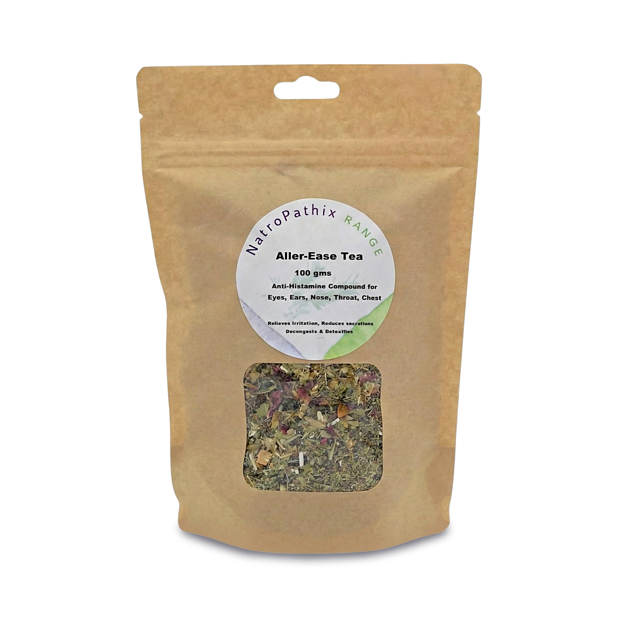 A brown resealable bag labeled "Allergi-Ease Tea - 100gms" displays loose herbal tea inside, made with immune-supporting herbs to provide natural hayfever relief.