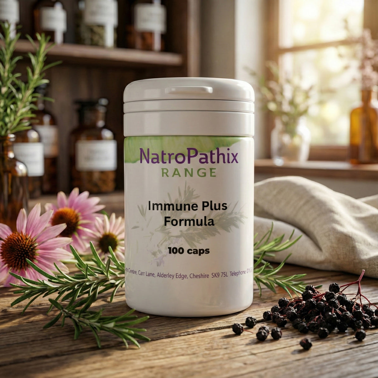 A bottle of Immune Plus - 100 Capsules rests on a wooden table with herbs and flowers, providing strong immune support and anti-inflammatory benefits.