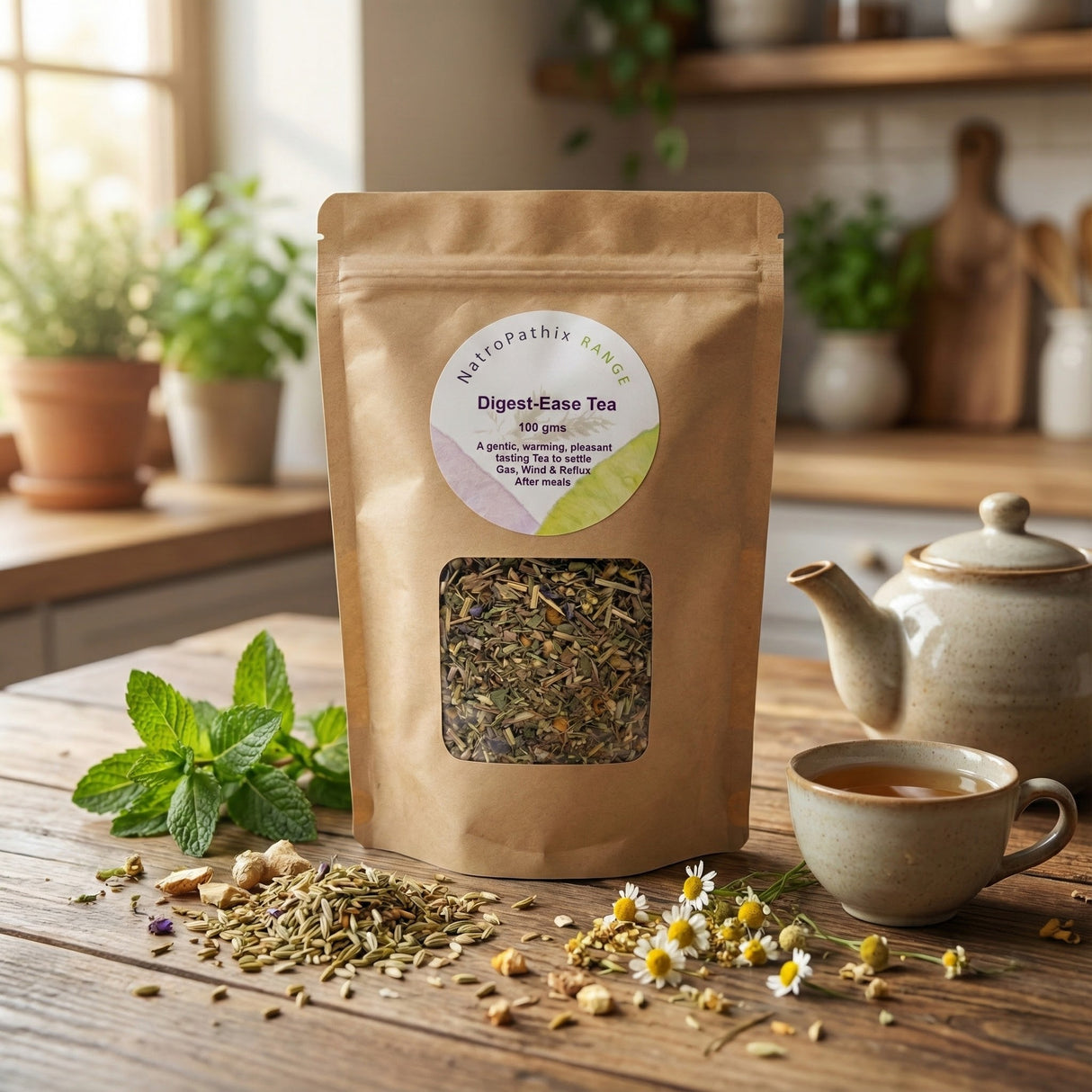 A 100gms brown packet of Digest-Ease Tea rests on a wooden table, surrounded by natural herbs, a teapot, and a cup of tea.