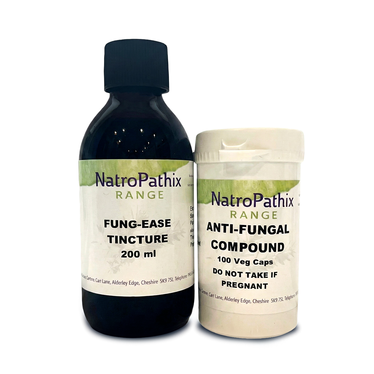 Two NatroPathix bottles: Fung-Ease tincture 200ml supports relief from fungal overgrowth, and Anti-Fungal Combination 100 Veg Caps provide convenient anti-fungal capsules.