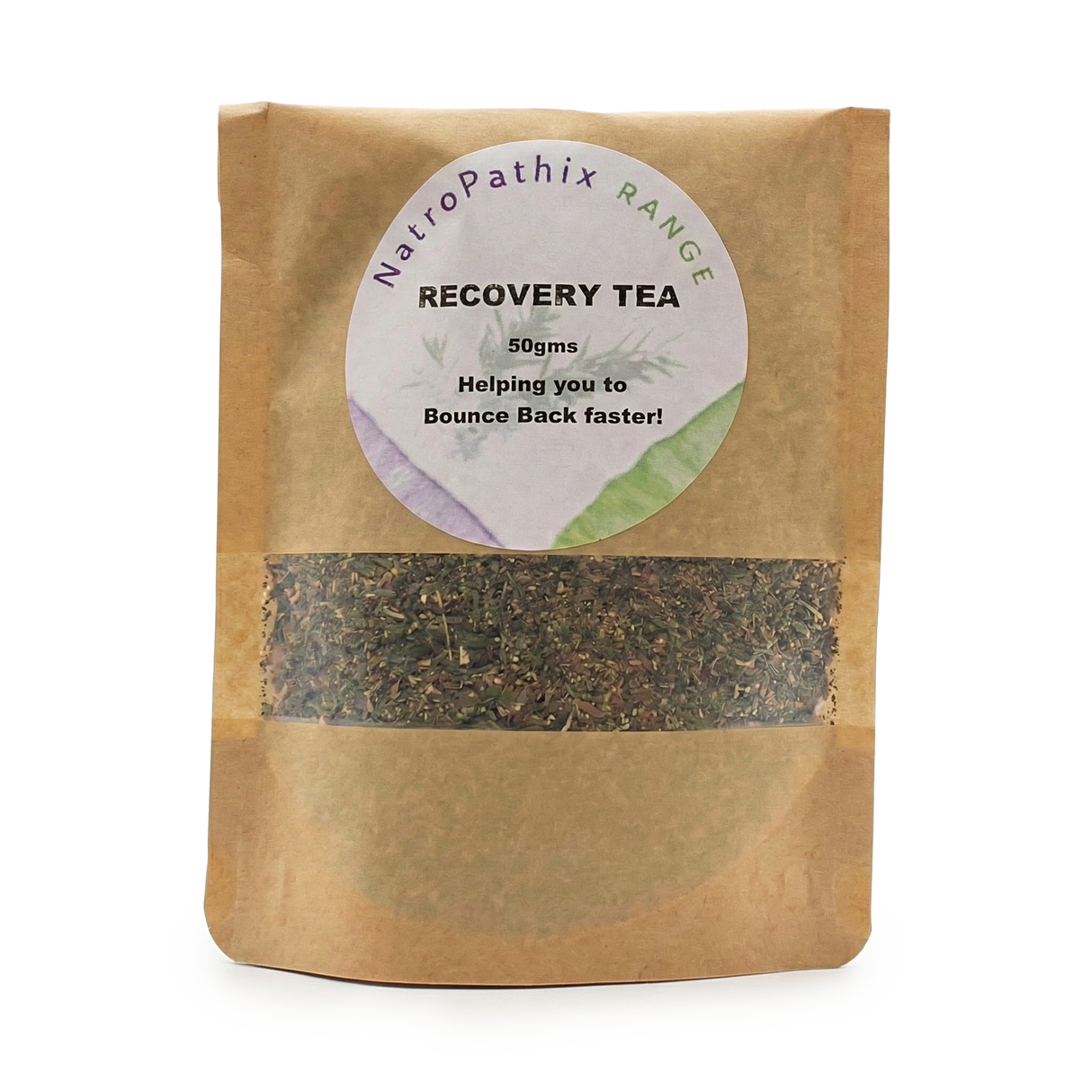 Brown packet labeled "Bounce Back Kit - Get Well Faster!" with herbs visible through a clear window—a soothing immune system booster for your wellness routine.