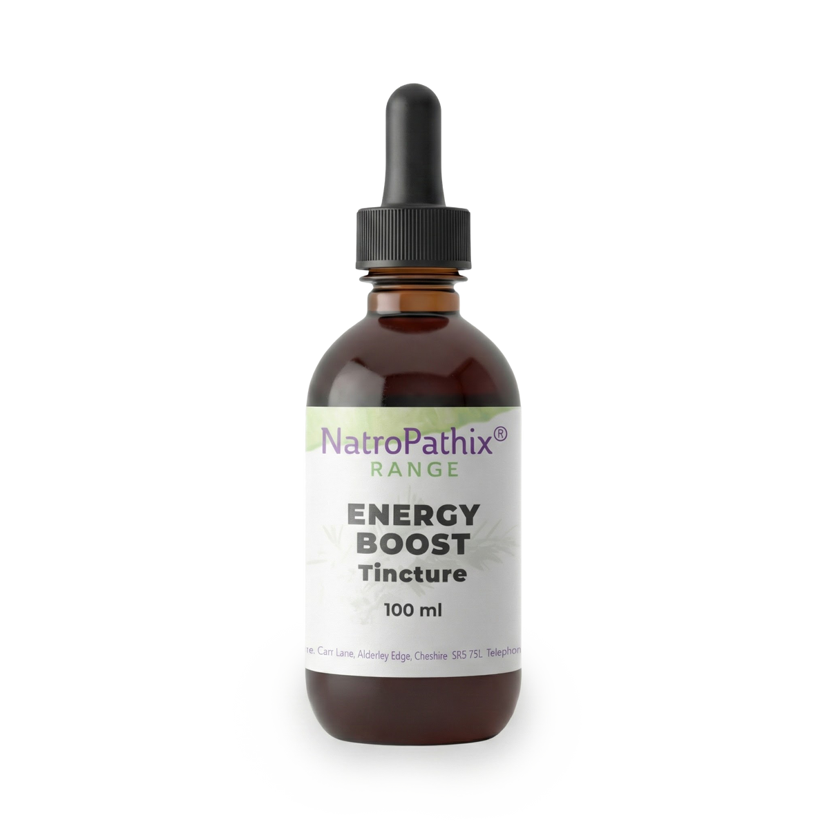 A brown glass dropper bottle labeled "Energy Boost Tincture - 100/200/300ml" designed to provide energy boost and liver support.