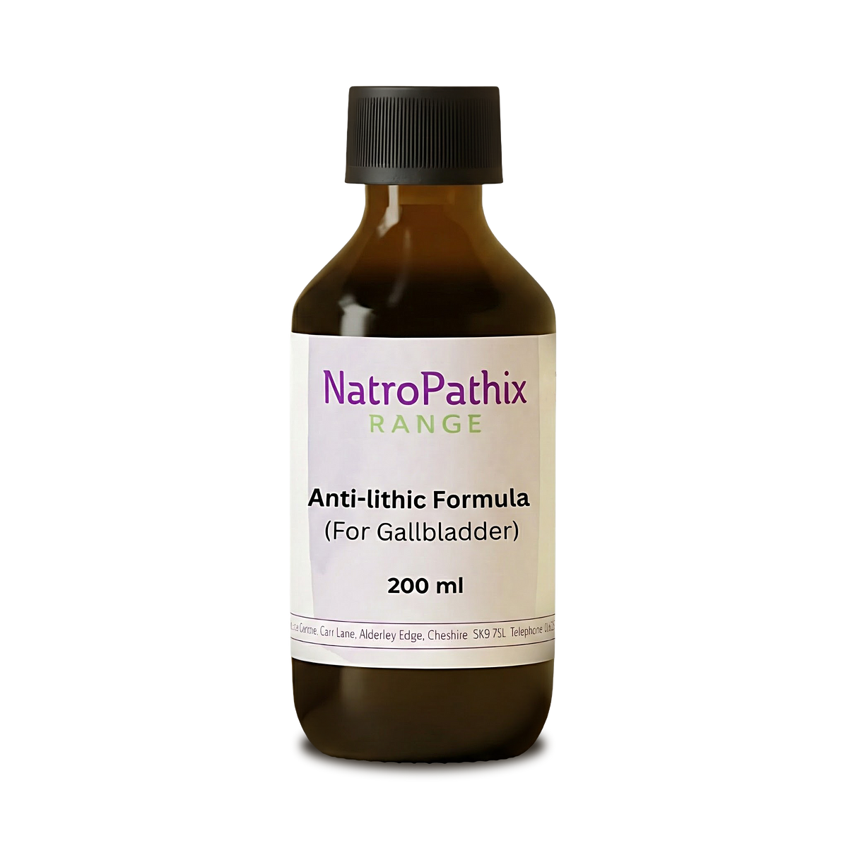 A brown bottle labeled "Gallbladder Antilithic Tincture - 200ml" on a white background, formulated to support the gallbladder and promote healthy bile flow.
