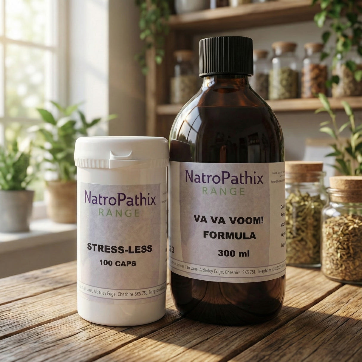 Two bottles of Kit 1 - Utterly Floored on a wooden table, surrounded by jars and plants—ideal for supporting stress relief and boosting energy.