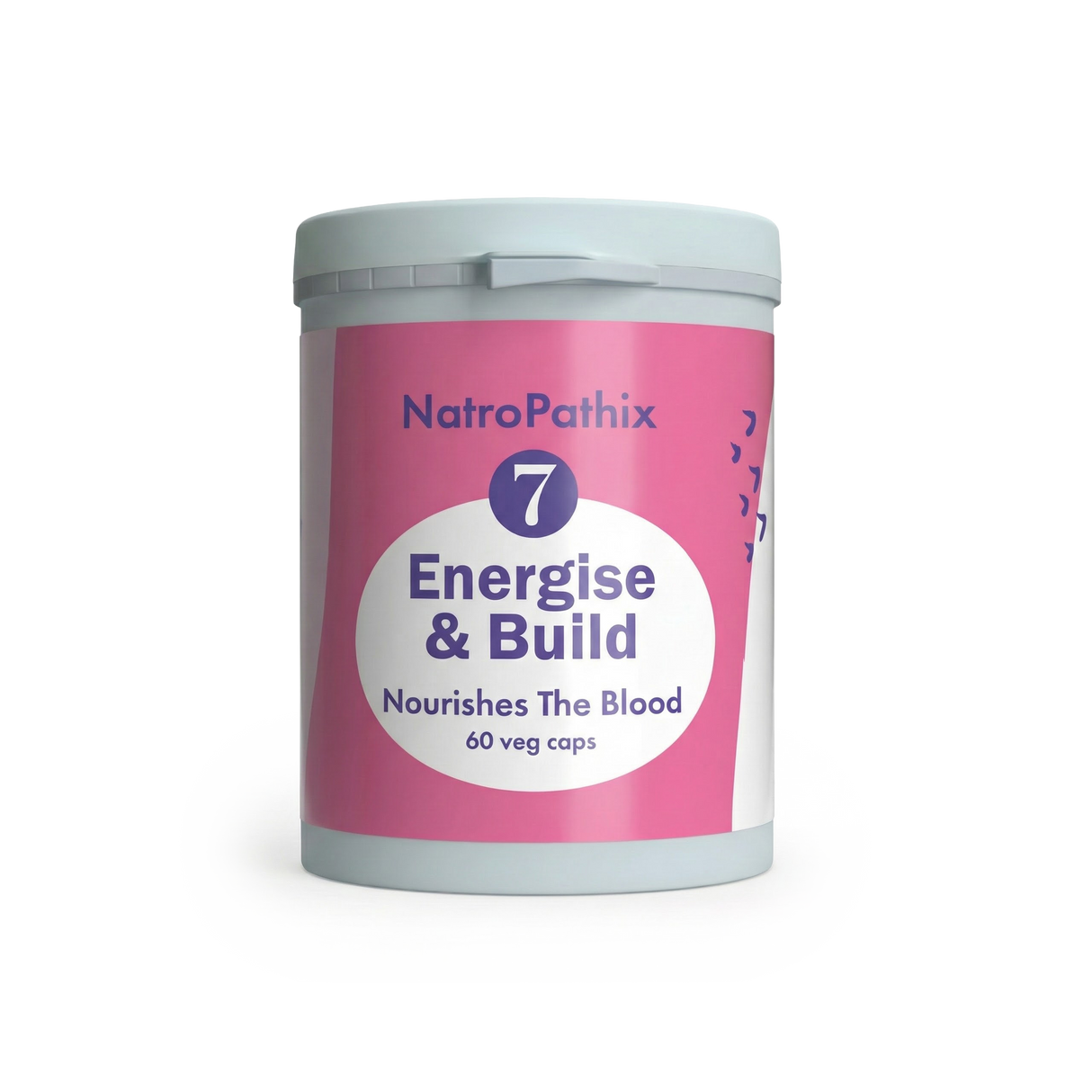 White container of Energise & Build - 60 caps, nourishes blood, supports healthy circulation and energy—plain background.
