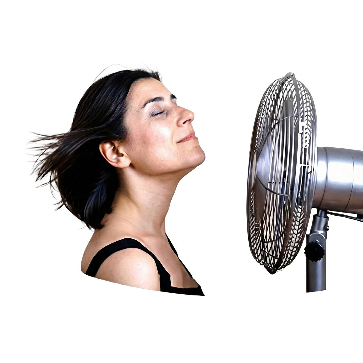 A woman with closed eyes enjoys the soothing breeze of a fan, capturing calmness—highlighting the comfort and relief that Hot Flushes and Anxiety Combination brings for hormonal balance in daily life.