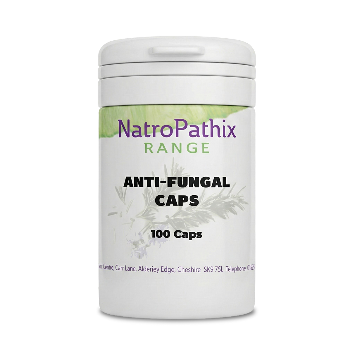 White bottle labeled "Anti-Fungal Compound - 100 Caps," formulated to support the body’s fight against yeast and candida overgrowth, shown on a plain white background.