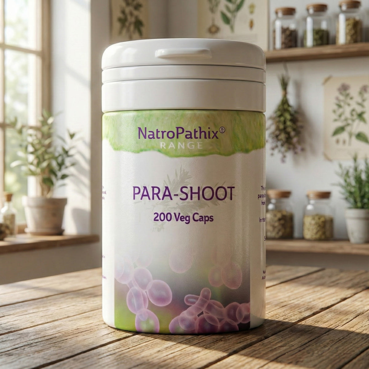 A bottle of Para-shoot capsules, an herbal supplement for parasite cleanse, is on a kitchen counter with plants and jars in the background.