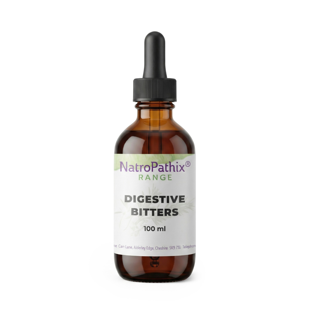 A 100ml bottle of Digestive Bitters sits on a plain background—a perfect natural tonic with dropper, ideal for anyone seeking relief from chronic indigestion.