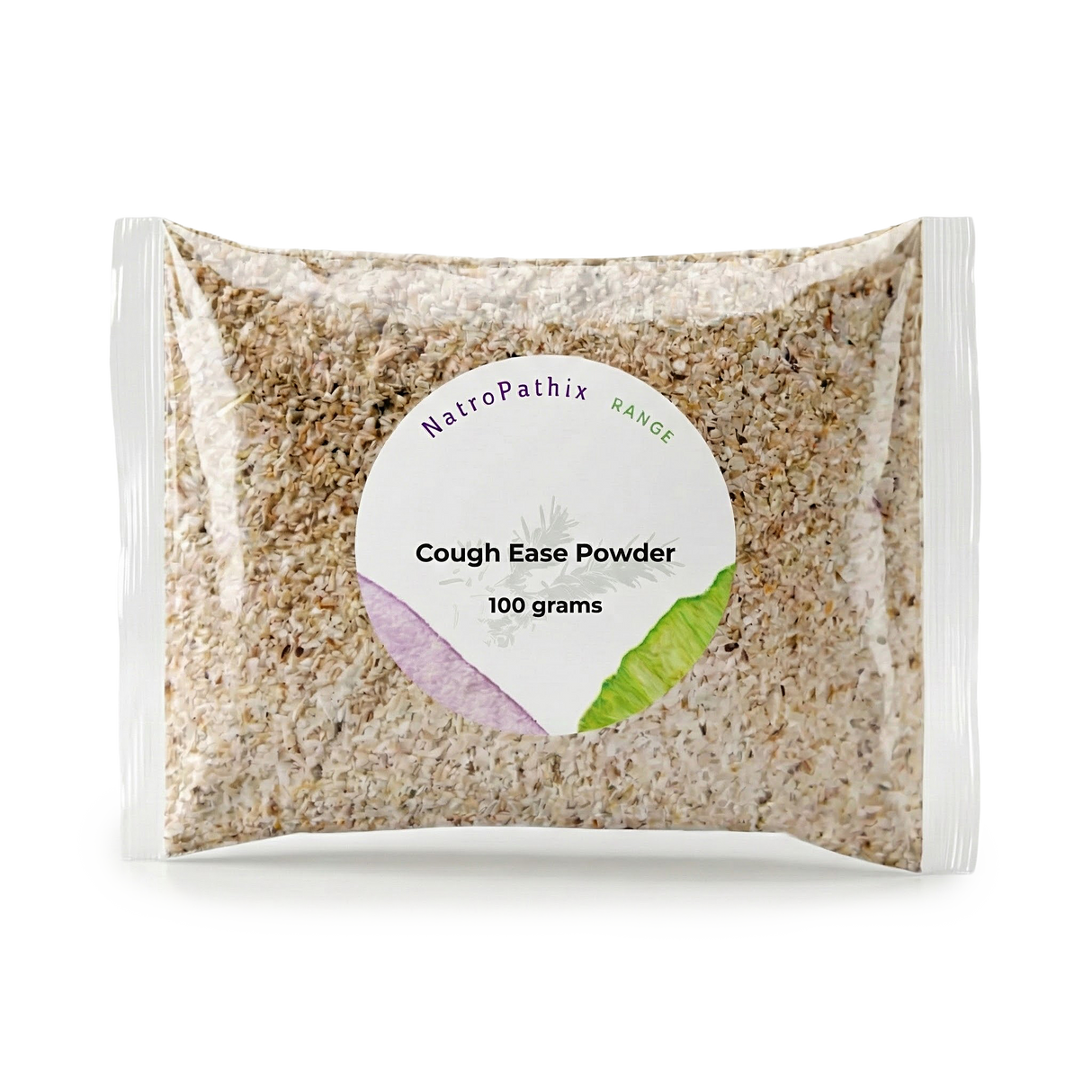 A clear plastic packet labeled "Cough-Ease Powder - 100g" contains light brown granules, a herbal remedy known for effectively relieving dry cough.