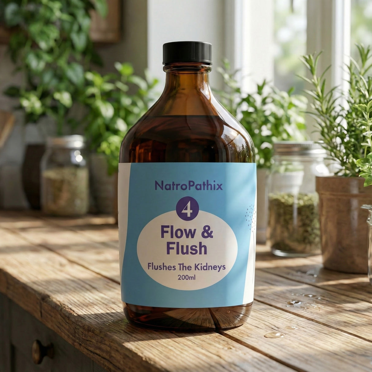 A 200ml brown bottle labeled "Flow & Flush Formula" for kidney cleanse and urinary health rests on a wooden counter, surrounded by plants and jars.