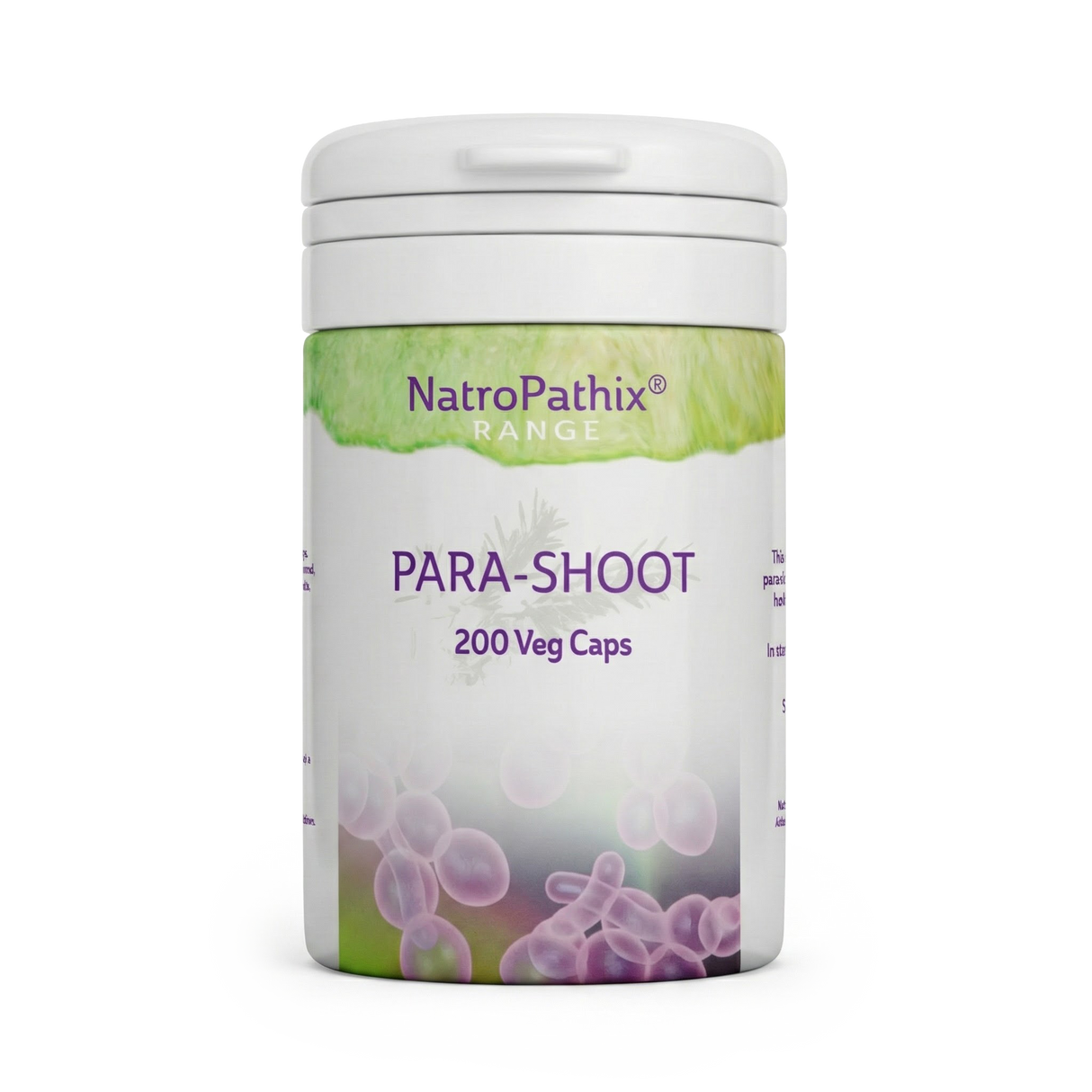 White bottle labeled "Para-shoot capsules" with purple capsules and green accents, designed as a potent herbal supplement for parasite cleanse.