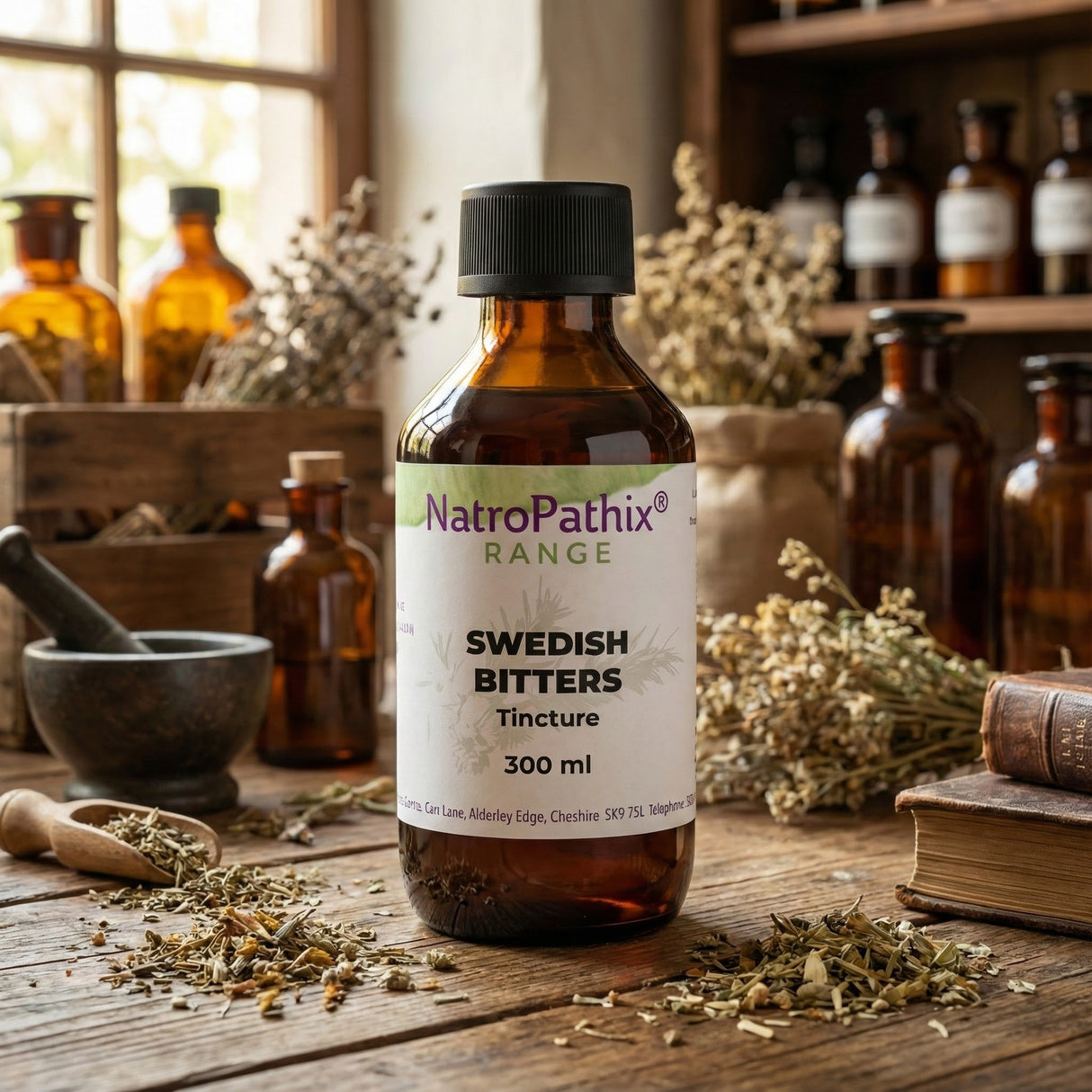 A bottle of Swedish Bitters Tincture (100/200/300ml) sits on a rustic table, surrounded by herbs and glass jars—ideal for supporting digestive health.