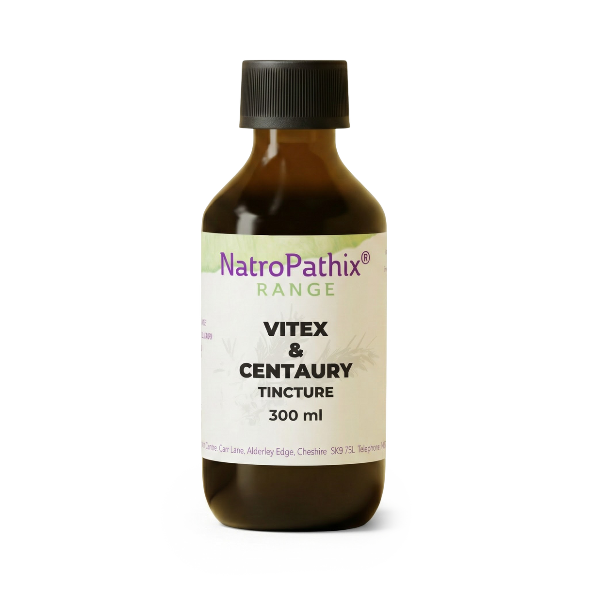 Brown bottle labeled "Vitex and Centaury Tincture - 200/300ml" against a white background, designed to support hormonal balance and ease menopausal symptoms.