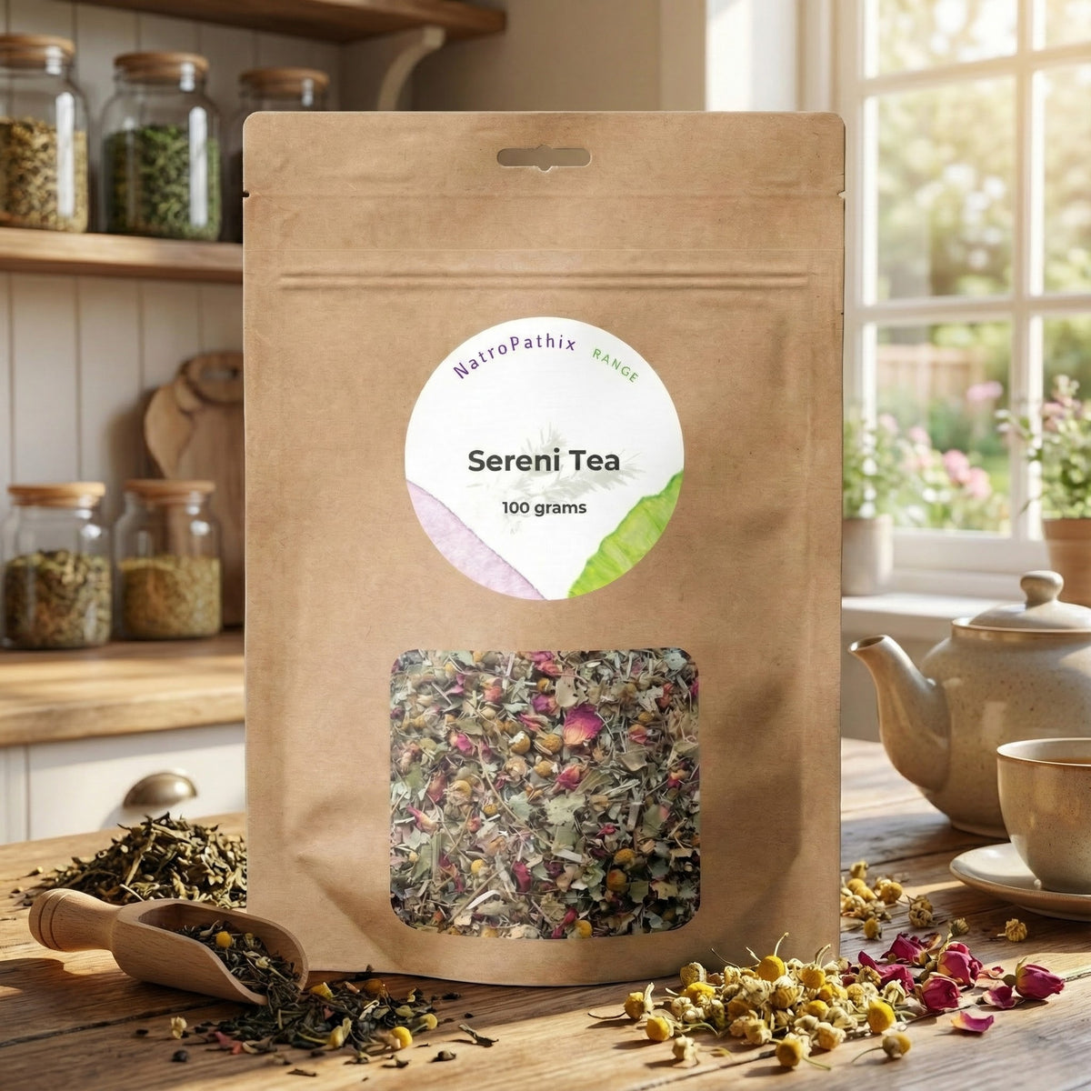 A brown bag of SereniTea - 100gms rests on a kitchen table, surrounded by loose tea leaves and a teapot—providing a natural calming tea ideal for stress and anxiety relief.