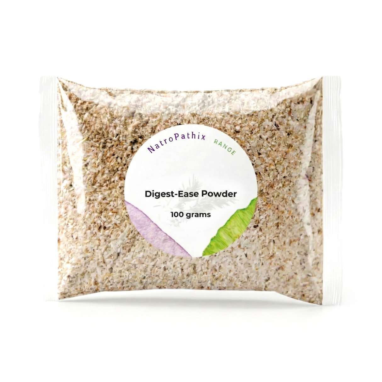 Clear plastic pouch labeled "Digest-Ease Powder," containing 100 grams of beige, coarse Digestive Support Herbal Powder designed to help relieve digestive discomfort and heartburn.